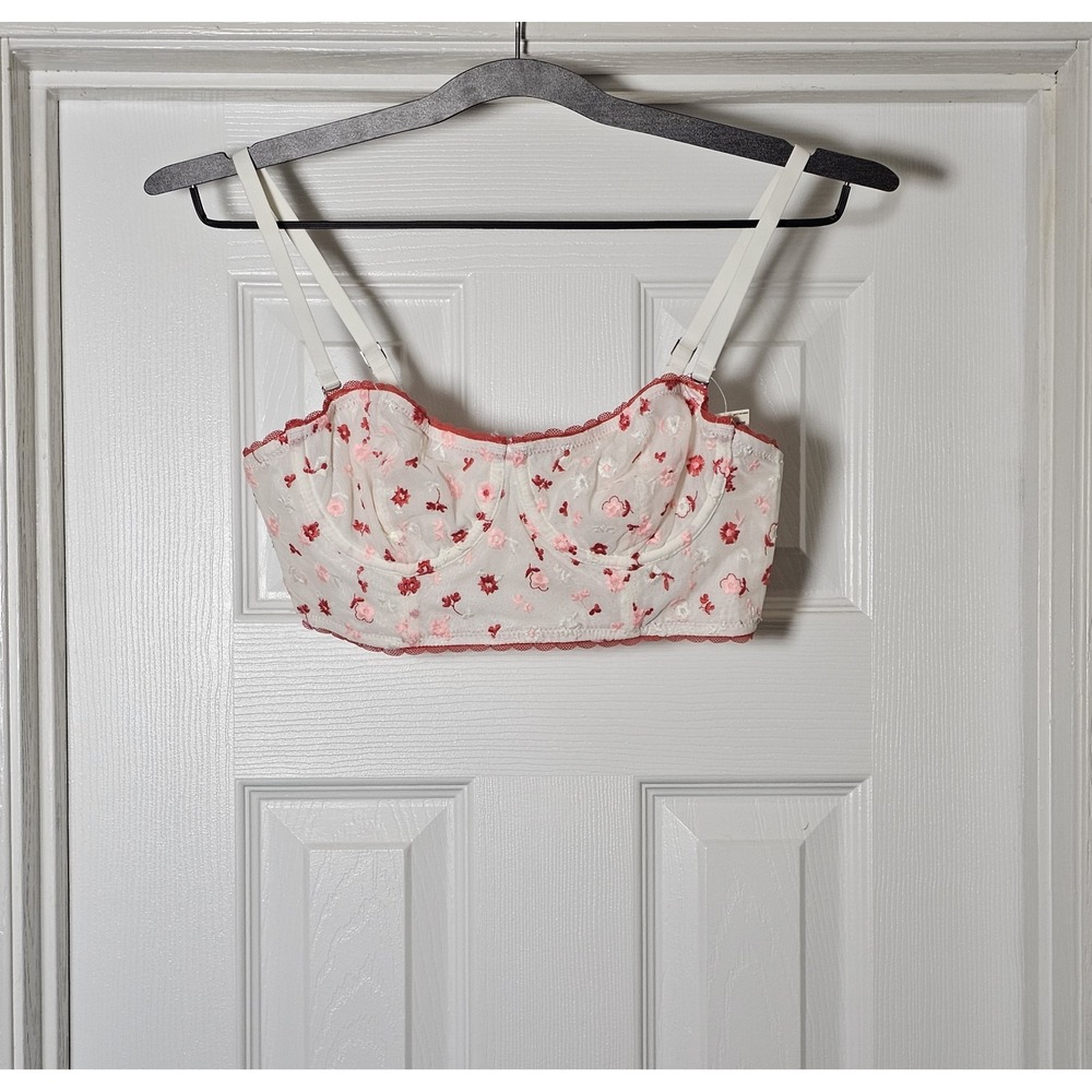 Aerie 34B Bra‎ White Floral Show Off Strapless Underwire Embroidered Longline